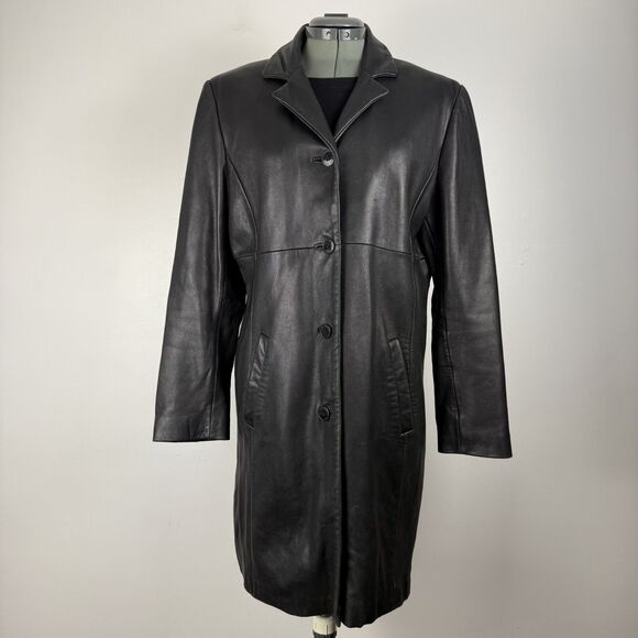 90s 00s Long Leather Coat | Jones New York  | Vintage Black Mid-Length Trench - Picture 1 of 15